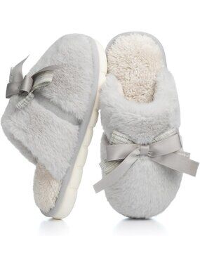 Women Light Grey Memory Foam Fuzzy Plush Cozy Shoes With Bow Comfortable Slipper